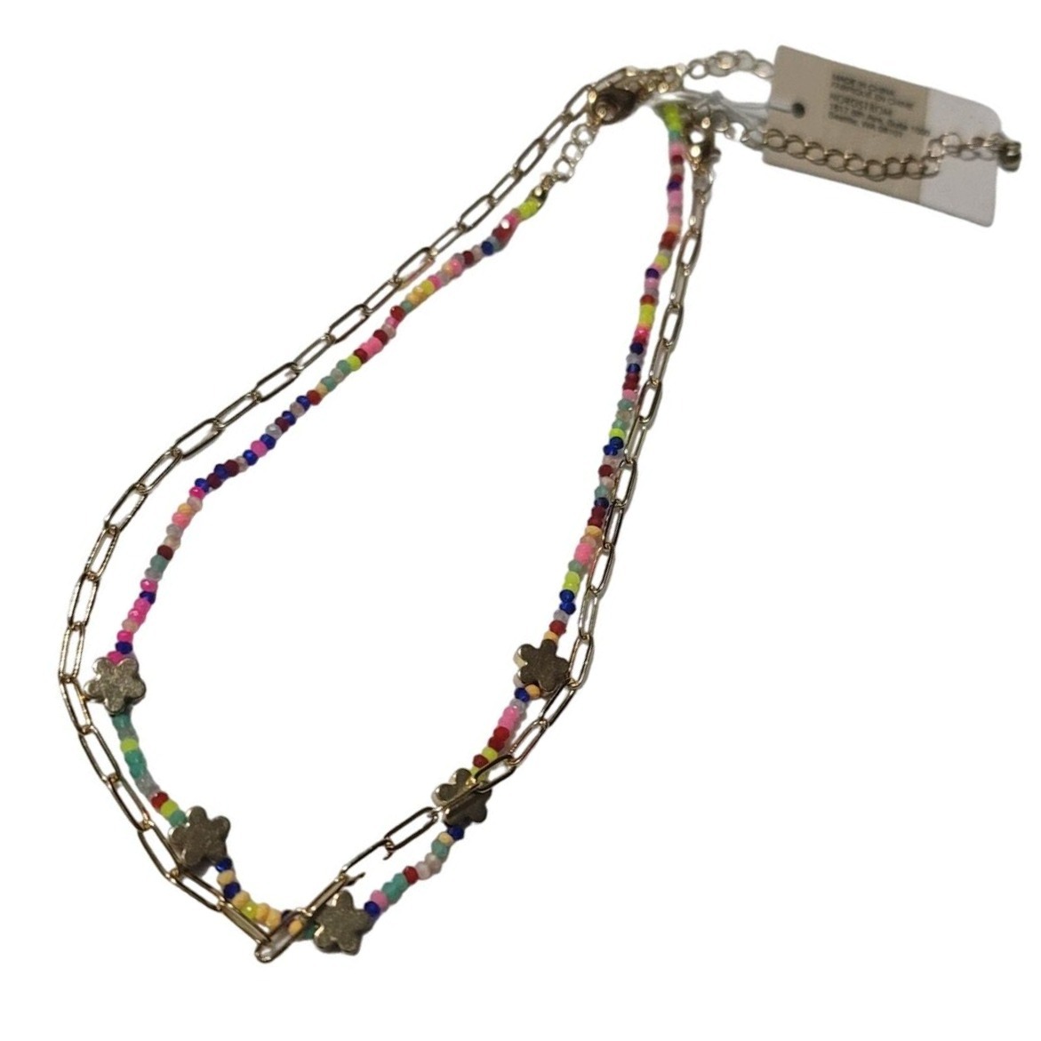 Bp Beaded Paperclip Chain Necklace Double Layer Gold Tone Flower